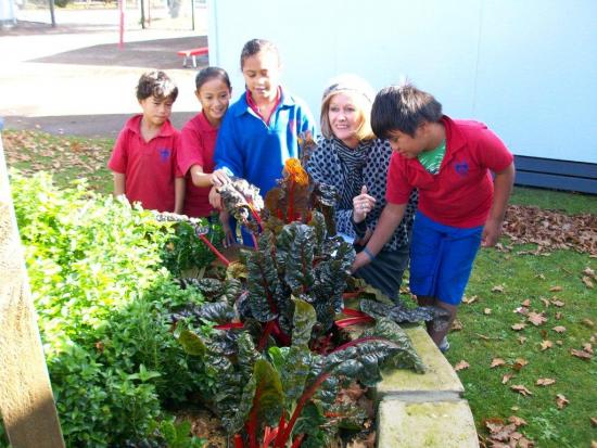 Sue Kedgley with some children who grow food at school.