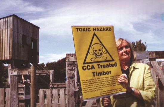 Sue protests against the use of treated timber for childrens' playgrounds